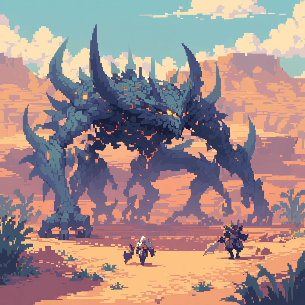The prompt for generating a pixel art could be: "pixel art,(best quality, high resolution, detailed),(retro, nostalgic) colors,8-bit style,crisp lines and edges,small canvas,blocky pixels,limited color palette,low-fi graphics,dark colors,iconic pixel characters, desert, final boss, undead"