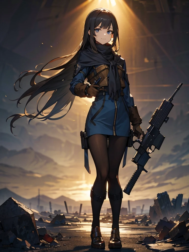 holding_gun, assault_rifle, Very detailed, Anime Style, whole body, alone, Stylish Gunfighter Girl, Holding a steampunk long barrel pistol,Standing in the wasteland, 8K high resolution, White Background, In the spotlight, The background is a dark and desolate landscape, Horror movie atmosphere. Her figure is very beautiful, Emphasizing the dark and crazy elements. Skillfully expressing the effects of light and shadow,