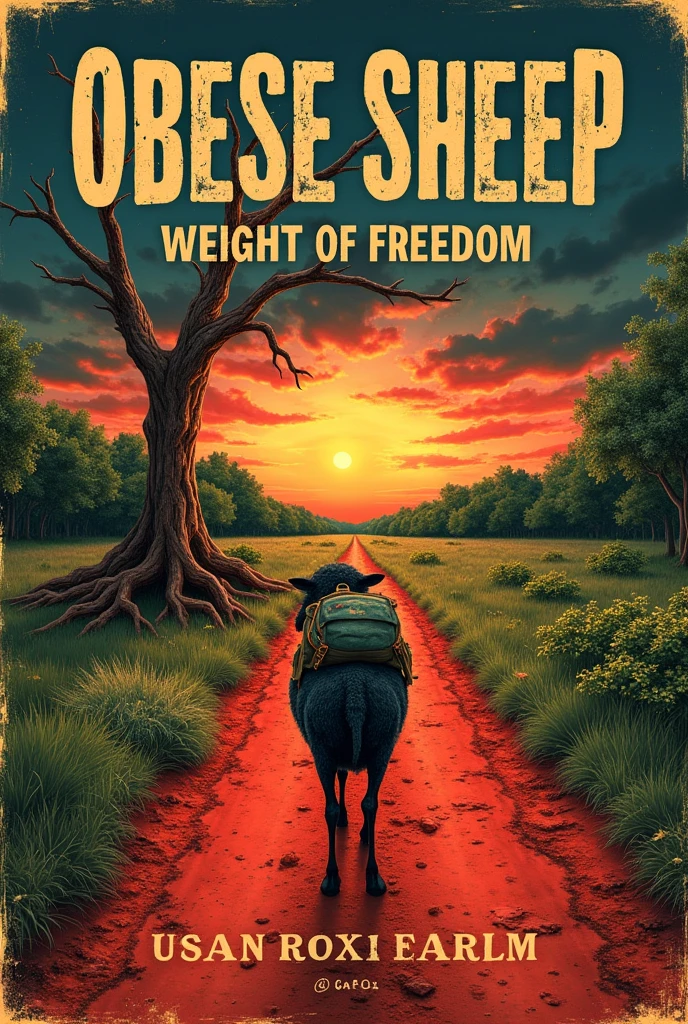 A thin, tough black sheep walks along a red dirt road that stretches to the horizon. The sheep carries a large, worn-out backpack, symbolizing the weight of freedom. On one side of the road, a dry tree with exposed roots, and the other, vibrant green vegetation. The sky is divided between dark storm clouds and the rising sun. The art is semi-realistic, with saturated colors and strong lines. Weathered typography and subtle Brazilian folklore details in the background. The name of the band, "Obese Sheep", is written at the top of the cover in large, worn letters, as if they were stamped. The album title, "Weight of Freedom", appears at the bottom, in a smaller, more delicate font, suggesting the lightness of freedom in contrast to the weight of the path