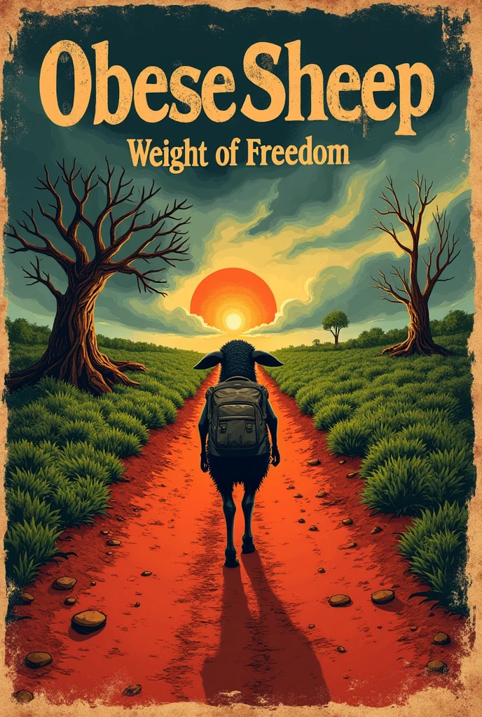 A thin, tough black sheep walks along a red dirt road that stretches to the horizon. The sheep carries a large, worn-out backpack, symbolizing the weight of freedom. On one side of the road, a dry tree with exposed roots, and the other, vibrant green vegetation. The sky is divided between dark storm clouds and the rising sun. The art is semi-realistic, with saturated colors and strong lines. Weathered typography and subtle Brazilian folklore details in the background. The name of the band, "Obese Sheep", is written at the top of the cover in large, worn letters, as if they were stamped. The album title, "Weight of Freedom", appears at the bottom, in a smaller, more delicate font, suggesting the lightness of freedom in contrast to the weight of the path