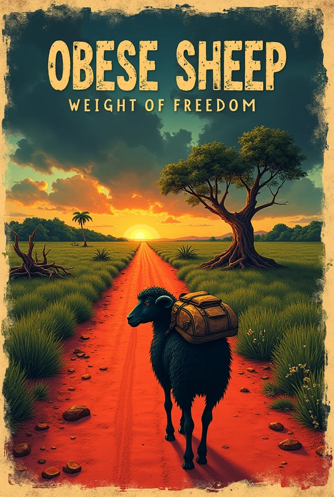 A thin, tough black sheep walks along a red dirt road that stretches to the horizon. The sheep carries a large, worn-out backpack, symbolizing the weight of freedom. On one side of the road, a dry tree with exposed roots, and the other, vibrant green vegetation. The sky is divided between dark storm clouds and the rising sun. The art is semi-realistic, with saturated colors and strong lines. Weathered typography and subtle Brazilian folklore details in the background. The name of the band, "Obese Sheep", is written at the top of the cover in large, worn letters, as if they were stamped. The album title, "Weight of Freedom", appears at the bottom, in a smaller, more delicate font, suggesting the lightness of freedom in contrast to the weight of the path