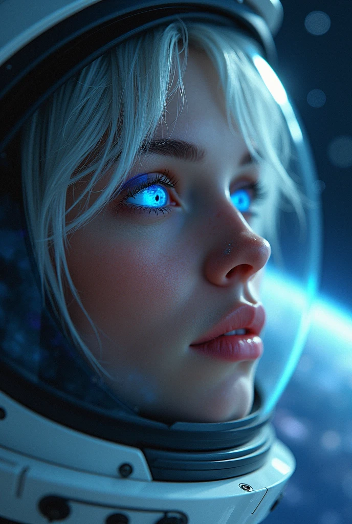 (Close-up of a better masterpiece:1.5)0.9], (Space and astronauts:1.2) (Messy silver hair:1.1) (Heterochromia xanthochromia and blue eyes:1.2) (Space Helmet:1.0) (Colored stars in the eyes:1.0) (A radiant glow:1.1) (thick lips:0.9)