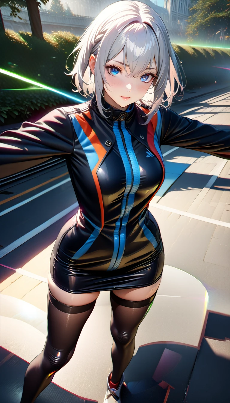 1girl,(Silver hair:0.5|blue0.8),(Wearing a black jacket),(White shirt),(Tight skirt),(Sexy women's long stockings),(Clothing details:2),,(masterpiece:2), (8k details:1.3), (unlimited details:1.2), (best eyes:1.4), (ultra clothes details:2), (highly detailed background), (vibrant colors), (dynamic lighting), (realistic skin texture), (intricate patterns), (sharp focus), (full-body view), (natural poses), (expressive emotions), (cinematic composition),(sunshine),(chair),(ray tracing:2),(Maximum details),(trees),