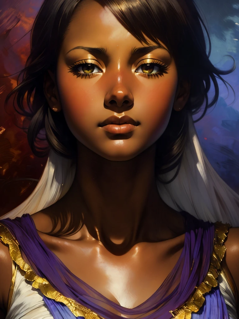 ((Solo Beautiful Carribean woman with dark skin and striking eyes)), shadowed interior background, art by akihiko yoshida, manga art style, colorfield illustration, scary atmosphere, global illumination, by frank frazetta, art by goro fujita, glamor shot, banner, blur, anime key visual, (blue, yellow and gray colors), photorealistic dramatic anime girl, intricately detailed, chiaroscuro, pino daeni, impressionist (best quality, masterpiece)