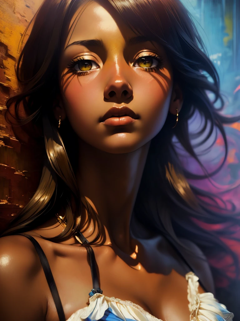 ((Solo Beautiful Carribean woman with dark skin and striking eyes)), shadowed interior background, art by akihiko yoshida, manga art style, colorfield illustration, scary atmosphere, global illumination, by frank frazetta, art by goro fujita, glamor shot, banner, blur, anime key visual, (blue, yellow and gray colors), photorealistic dramatic anime girl, intricately detailed, chiaroscuro, pino daeni, impressionist (best quality, masterpiece)