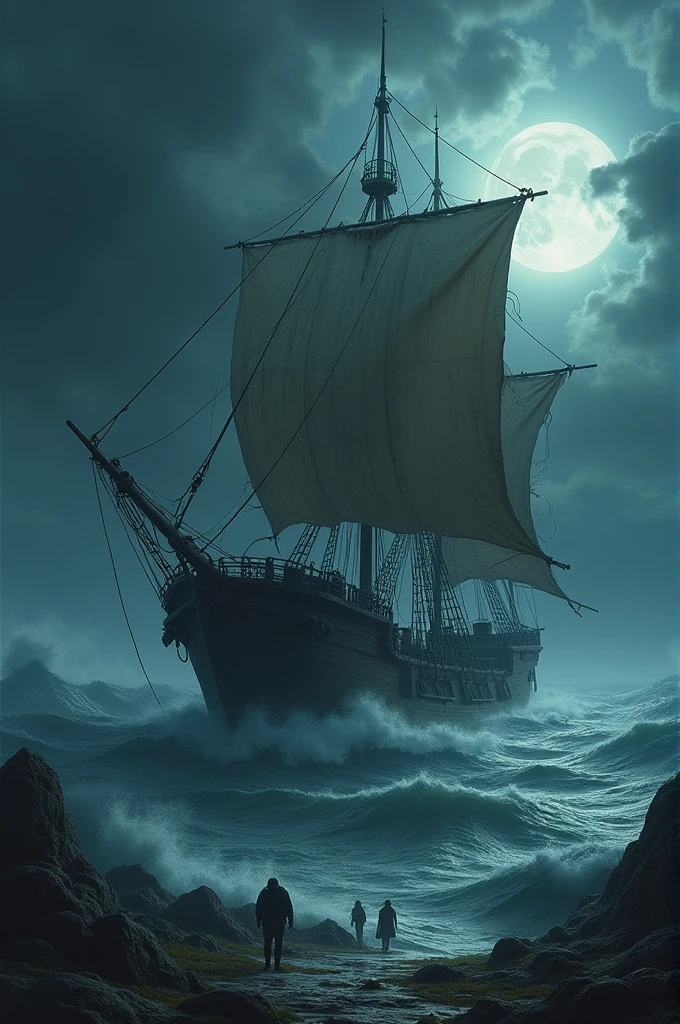 Scene 2: The Mysterious Ship
Illustrate how, amidst the storm, a strange and old ship becomes visible. The ship looks ancient, with worn-out sails and tattered ropes. The villagers are puzzled and frightened as the ship seems out of place and its presence feels otherworldly against the backdrop of the stormy night. Ultra realistic same as before
