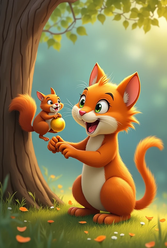 SAME CARTOON CAT WITH A SQUIRREL GIVING HIM A GOLDEN NUT