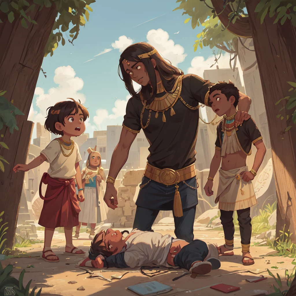 Scene in the ancient time of ancient Egypt: A young Moses in luxurious Egyptian male attire, he witnesses (see) a 37 year old Egyptian man, with black skin beating an old Hebrew man with brown skin, he was 75 years old,