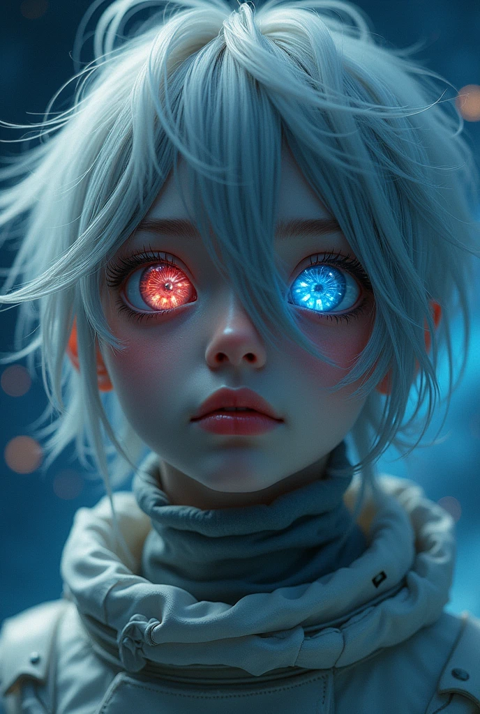 [Core Concept]
An astronaut navigating the vast expanse of space, their appearance enhanced with distinctive features.

[Character Description]
The astronaut has messy silver hair and striking heterochromia, with one eye displaying a vibrant xanthochromic hue and the other a piercing blue. Their thick lips are set in a calm expression, and their eyes radiate a mesmerizing glow, with colored stars twinkling within.

[Environment/Background]
The astronaut is situated against the backdrop of the infinite cosmos, surrounded by the mysterious and captivating vastness of space.

[Style and Atmosphere]
The scene has a dreamlike and ethereal quality, with the astronaut's distinctive features and the cosmic environment blending seamlessly to create a sense of wonder and intrigue.

[Composition]
The astronaut is the central focus, their striking appearance and pose commanding the viewer's attention, while the expansive space backdrop provides a sense of scale and grandeur.

[Details and Embellishments]
The astronaut's space helmet is a prominent feature, adding to the sense of immersion and the challenges of navigating the harsh environment of space.

[Technical Specifications]
The image should be rendered with a high level of detail and realism, capturing the nuances of the astronaut's features and the intricacies of the space environment.