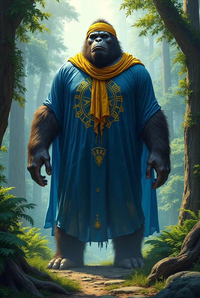 Big foot in a blue robe with circular yellow design with a yellow bandana on forehead in forest