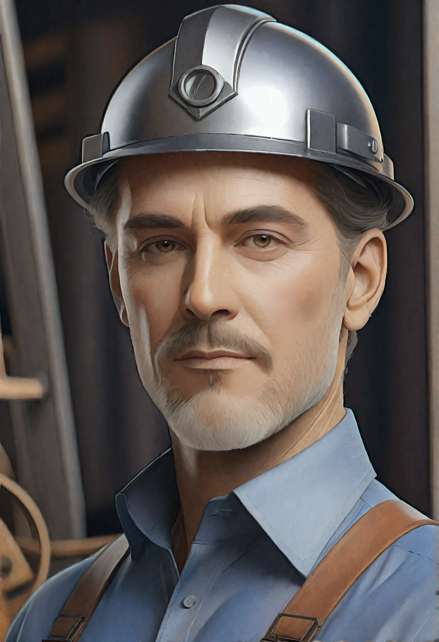 [Core Concept] A skilled metalworker operating a metal bending machine in an industrial factory setting.

[Character Description] A male factory worker, wearing protective gear such as a hardhat and gloves, stands near a large, industrial metal bending machine, focused on the task at hand.

[Environment/Background] The scene takes place within a bustling factory, surrounded by piles of sheet metal, tools, and other manufacturing equipment, with the hum of machinery and activity in the background.

[Style and Atmosphere] The overall atmosphere is one of industrial efficiency and precision, with a sense of the worker's dedication to their craft and the mechanical processes involved in shaping the metal.

[Composition] The composition places the metalworker at the center, with the metal bending machine taking up a significant portion of the frame, emphasizing the scale and importance of the task.

[Details and Embellishments] Subtle details such as the worker's expression of concentration, the gleam of the metal being bent, and the intricate mechanisms of the machine add depth and realism to the scene.

[Technical Specifications] The image should have a high level of detail and realism, with a focus on the interplay between the human operator and the industrial machinery, conveying the skill and dedication required in this type of manufacturing environment.