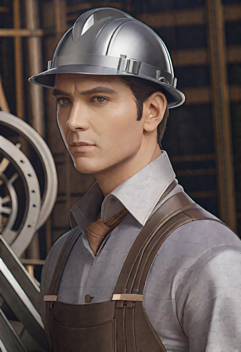 [Core Concept] A skilled metalworker operating a metal bending machine in an industrial factory setting.

[Character Description] A male factory worker, wearing protective gear such as a hardhat and gloves, stands near a large, industrial metal bending machine, focused on the task at hand.

[Environment/Background] The scene takes place within a bustling factory, surrounded by piles of sheet metal, tools, and other manufacturing equipment, with the hum of machinery and activity in the background.

[Style and Atmosphere] The overall atmosphere is one of industrial efficiency and precision, with a sense of the worker's dedication to their craft and the mechanical processes involved in shaping the metal.

[Composition] The composition places the metalworker at the center, with the metal bending machine taking up a significant portion of the frame, emphasizing the scale and importance of the task.

[Details and Embellishments] Subtle details such as the worker's expression of concentration, the gleam of the metal being bent, and the intricate mechanisms of the machine add depth and realism to the scene.

[Technical Specifications] The image should have a high level of detail and realism, with a focus on the interplay between the human operator and the industrial machinery, conveying the skill and dedication required in this type of manufacturing environment.
