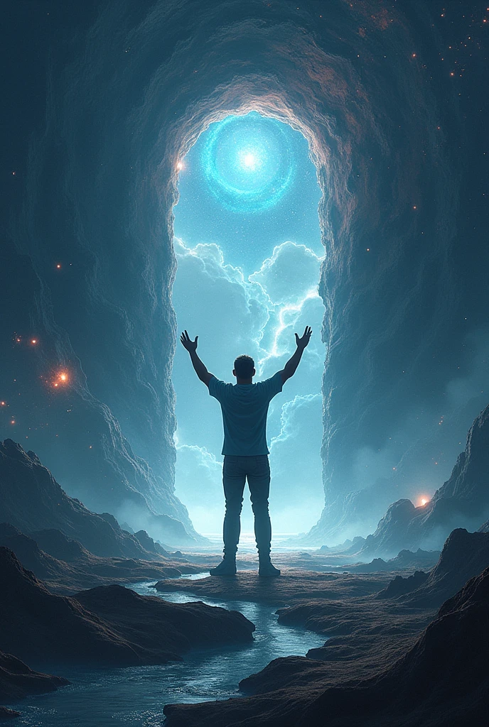Human in a universe, opening a door to mystery and possibilities, raising his hands in a power pose