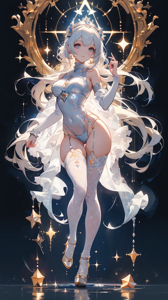 ((masterpiece， best quality))，goddess，Royal sister，Pure white background，Detailed face，Smile，whole body，Perfect body proportions，Glowing milky white eyes，sexly，Tattoo，extremely beautiful，transparent，High heel，Fishnet stockings，Star decoration,