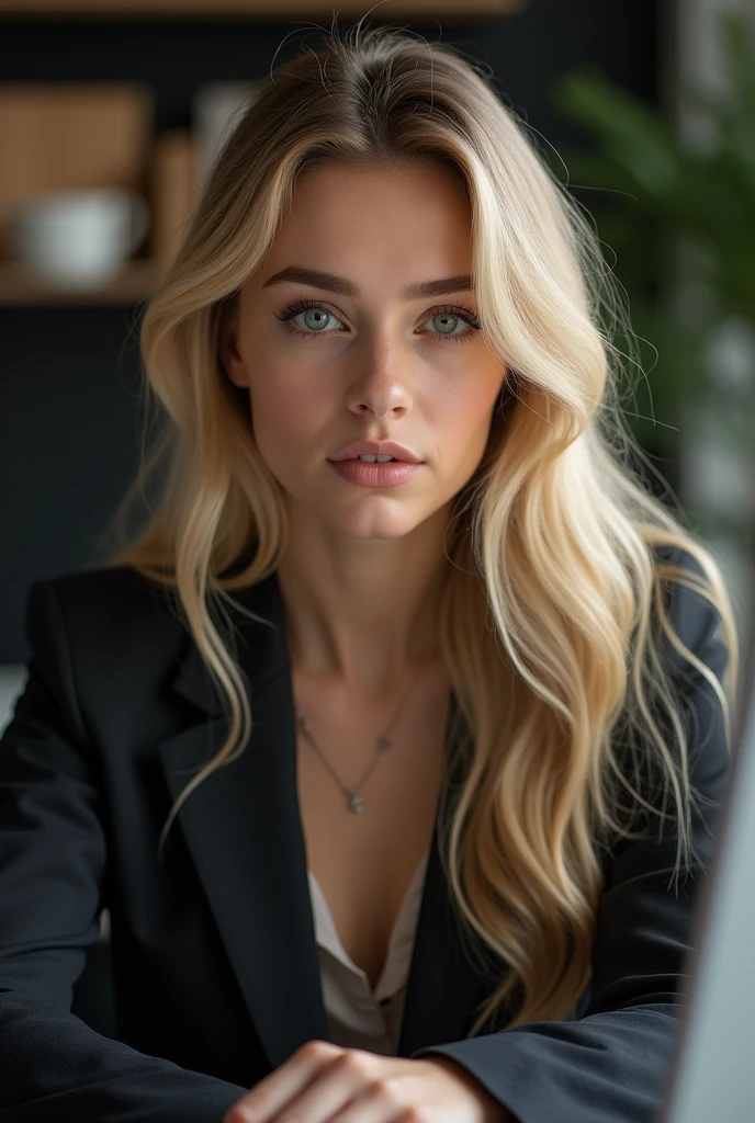beautiful girl with long blond hair, detailed eyes, nose, and lips, noseить профессиональную одежду, sitting in his office, using her computer, компьютер HP (Best quality,4K,8 K,a high resolution,masterpiece:1.2),ultra detailed,(realistic,photorealistic,photo-realistic:1.37),HDR,studio lighting,very detailed face and body, portrait,cinematic lighting,dramatic lighting,warm color tones,Dramatic colors, shows pussy