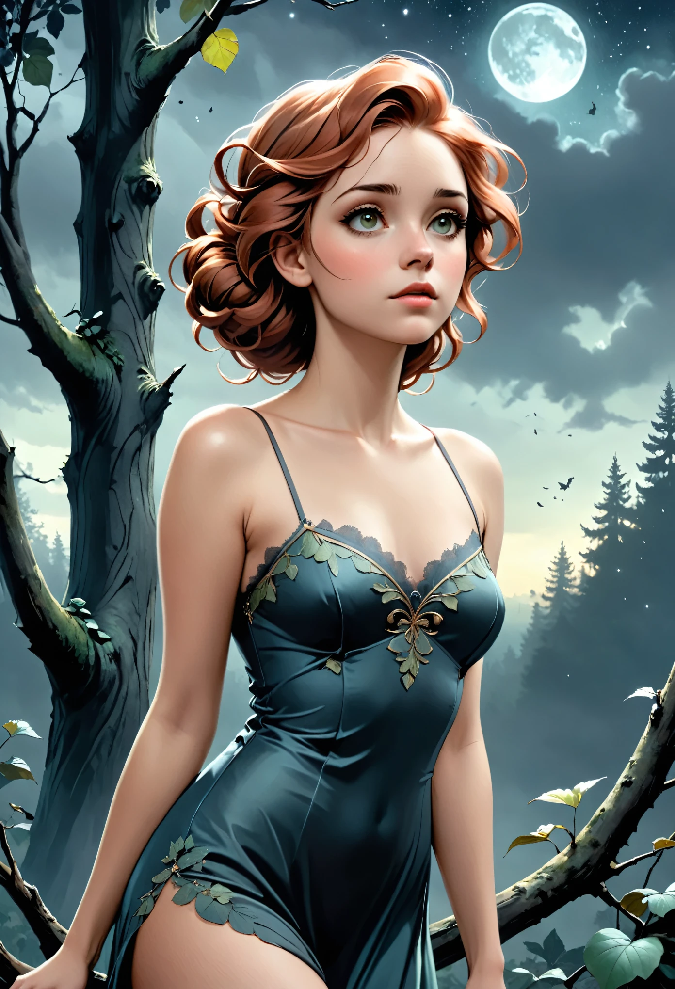 Full portrait, Realistic, Photorealistic, analog photo, Highly detailed, cinematic rendering, Wild Dead Forest, evening, Cute 24-year-old woman, Leaning back in a tree and looking up at the grey cloudy sky, Redhead, Sexy, Dressed in a transparent tattered nightgown, Black leaves float in the air, Behold, the glittering particles flutter, classical painting composition, Dark gloomy background, An atmosphere of melancholy and sadness, surreal photo, by Alphonse Mucha, detailed perfect face, Melancholic aesthetic, Faded colors, cinematic composition