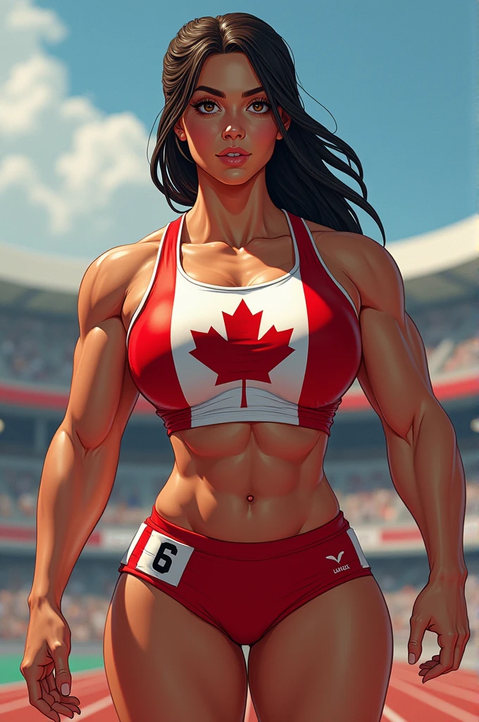 An extremely busty muscular thick Canadian track and field Olympian with her magnificent round  bursting out of her tight shirt