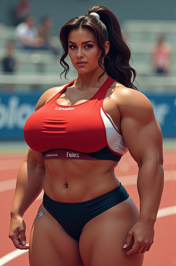 An extremely busty muscular thick Canadian track and field Olympian with her magnificent round  bursting out of her tight shirt