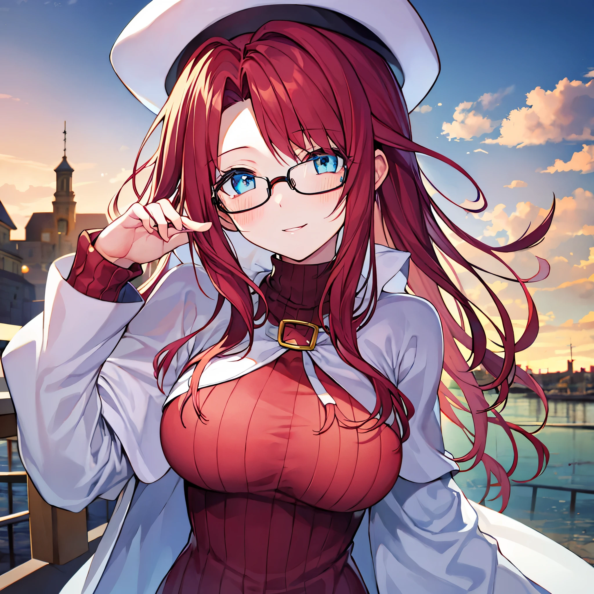 summonnightaty, aty, (young:1.3),long hair, blue eyes, red hair, big_tits, hat, glasses, BREAK long hair,, hat, dress,glasses, cape, sweater, beret,ribbed sweater,,solo, BREAK outdoors, fantasy, BREAK (masterpiece:1.2), best quality, high resolution, unity 8k wallpaper, (illustration:0.8), (beautiful detailed eyes:1.6), extremely detailed face, perfect lighting, extremely detailed CG, perfect anatomy),covered_nipples,half_eyes,sleepy_eyes,red_sweater,magical_effect,,Smile,closed_mouth,solo,in_modern_town_landscape,night_sky,solo,portrait,bust up,looking_viewer,shiny_lips,blush,water_eyes,