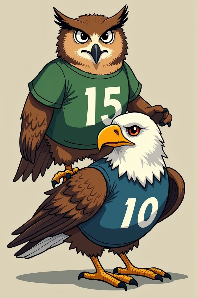 An owl with a green shirt with the number 15 stepping on and crushing an eagle with a blue shirt with the number 10