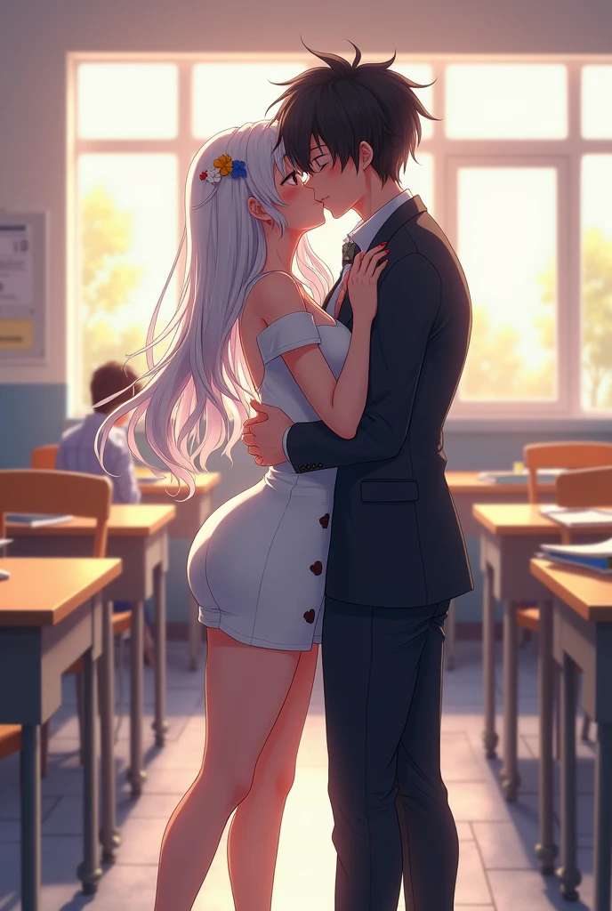 white big haired anime woman with big boobs and ass hugging and kissing a 16 year oldwith black hair and black clothing in classroom