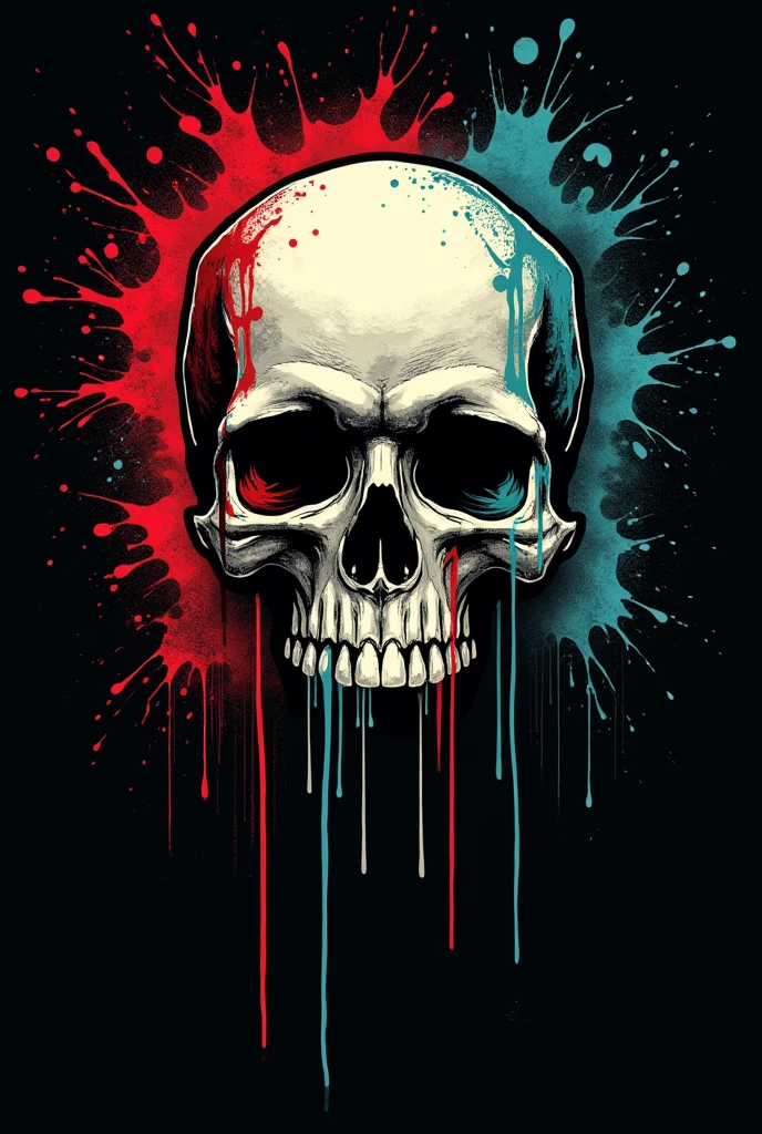 Dripping Splash Skull: A skull surrounded by dripping paint splashes that suggest movement and creative expression. T-shirt design graphic, vector, contour, black background.