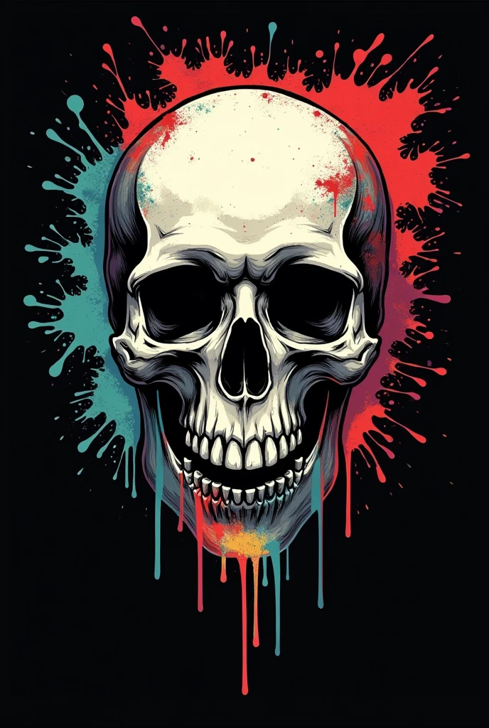 Dripping Splash Skull: A skull surrounded by dripping paint splashes that suggest movement and creative expression. T-shirt design graphic, vector, contour, black background.
