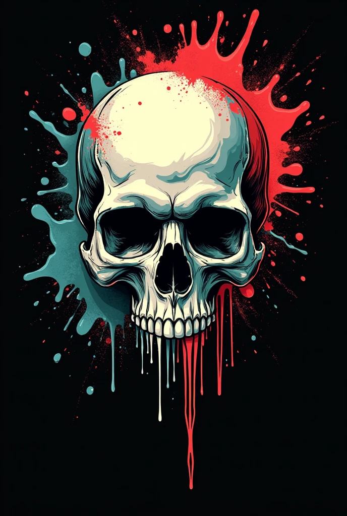 Dripping Splash Skull: A skull surrounded by dripping paint splashes that suggest movement and creative expression. T-shirt design graphic, vector, contour, black background.