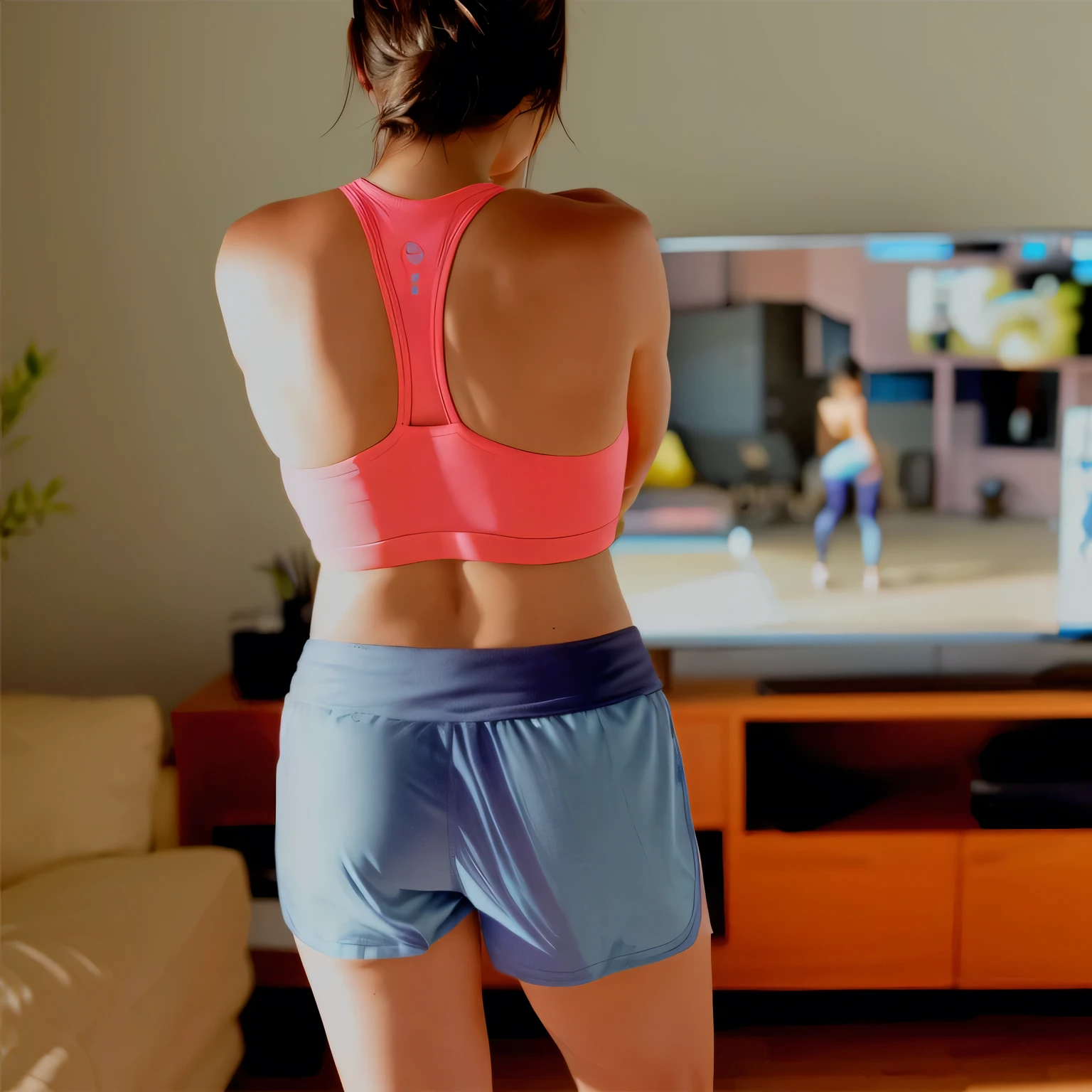 there is a woman in a pink top and blue shorts playing a video game, sport bra and shorts, back pose, toned derriere, back - shot, from the back, wearing fitness gear, back arched, rear-shot, shapely toned derriere, sport bra and dark blue shorts, back shot, from back, shot from the back