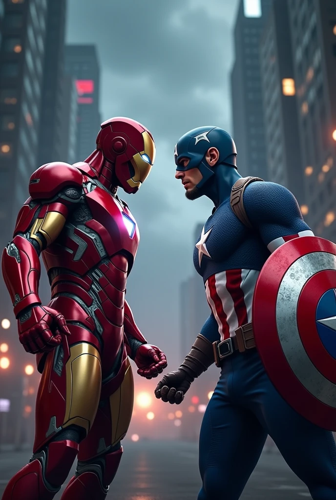Iron man fighting captain America on a dark night, in the center the Bayern Munich shield