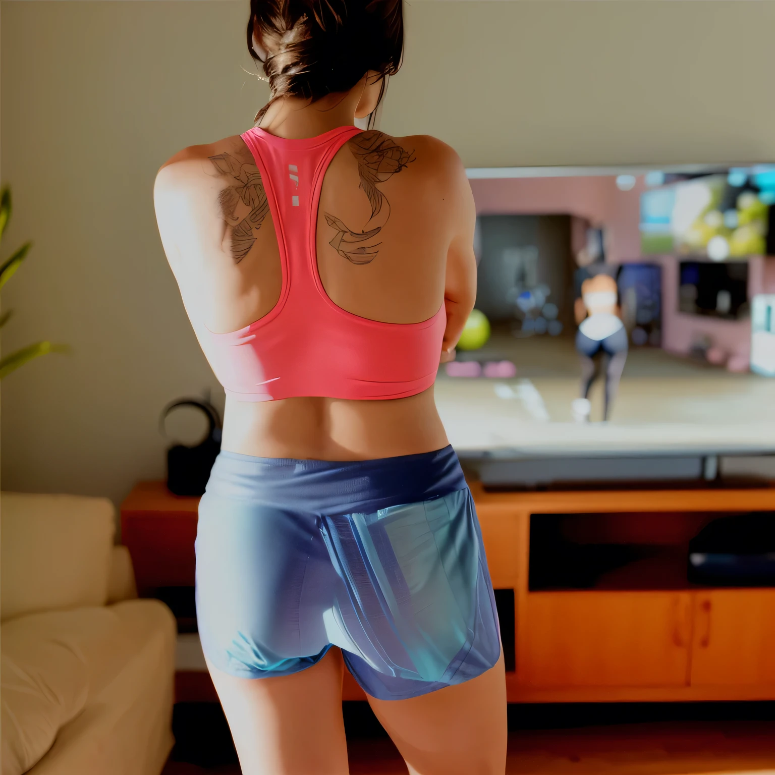 there is a woman in a pink top and blue shorts playing a video game, sport bra and shorts, back pose, toned derriere, back - shot, from the back, wearing fitness gear, back arched, rear-shot, shapely toned derriere, sport bra and dark blue shorts, back shot, from back, shot from the back