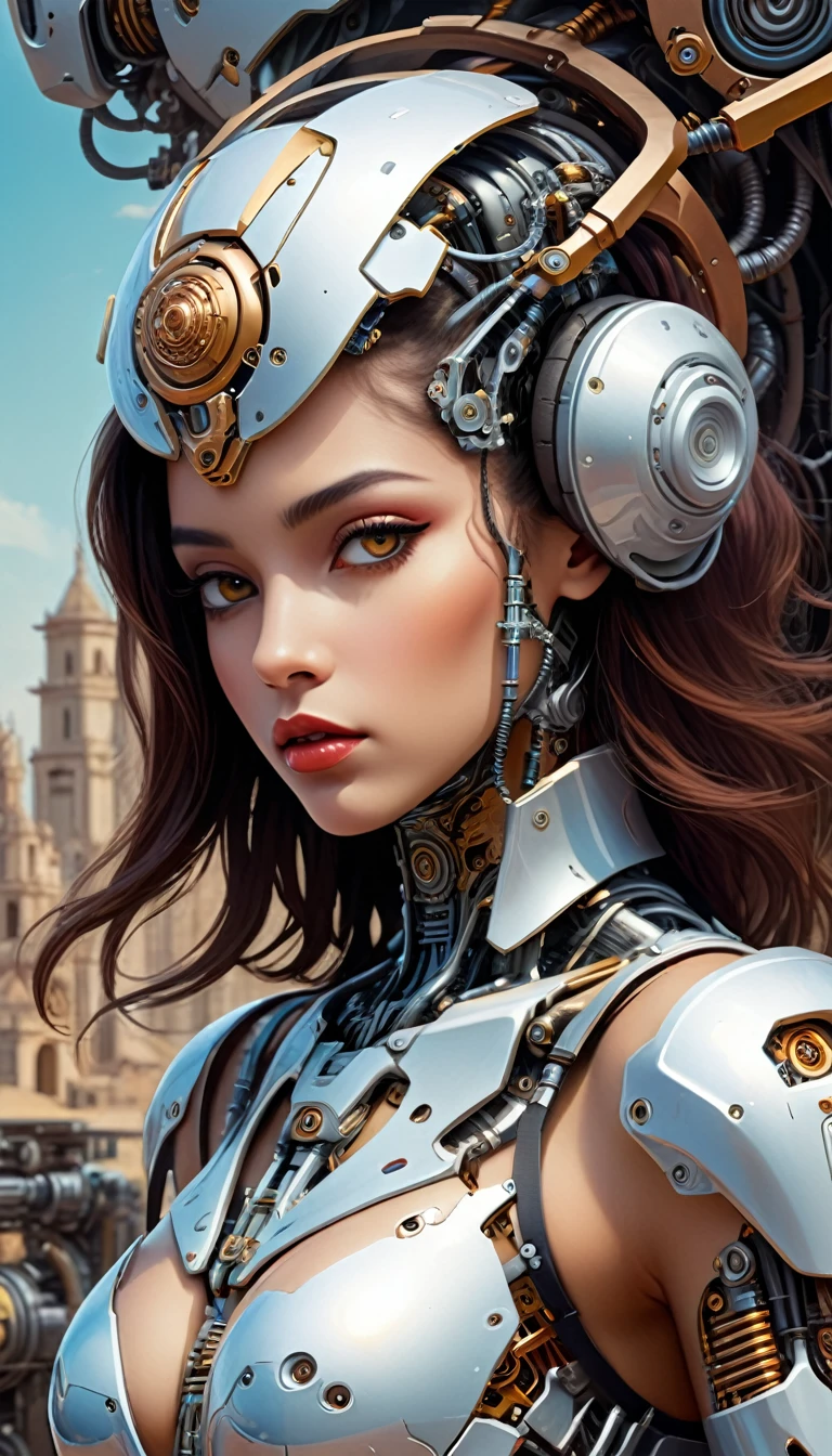 Intricate illustration in surrealist art style,mecha girl,latin women, Cyborg in Latin style