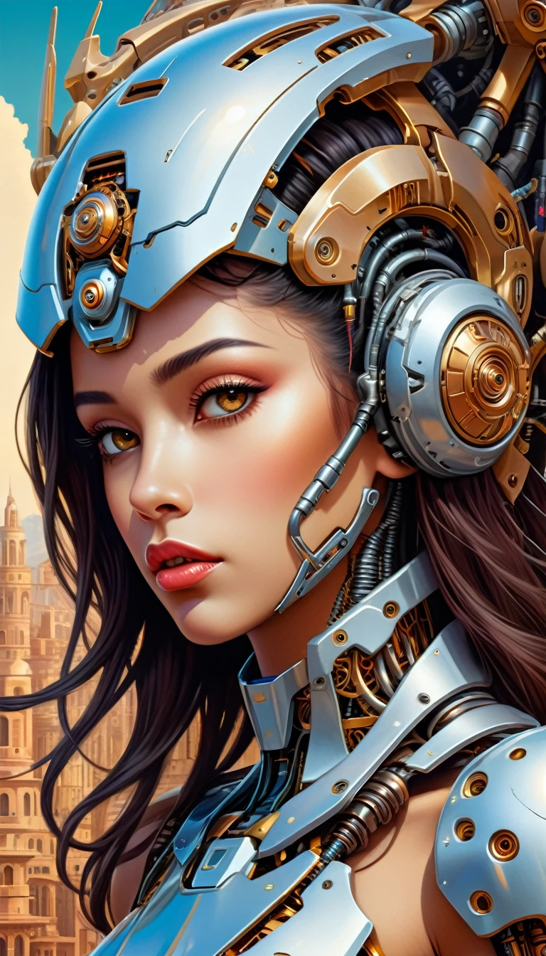 Intricate illustration in surrealist art style,mecha girl,latin women, Cyborg in Latin style