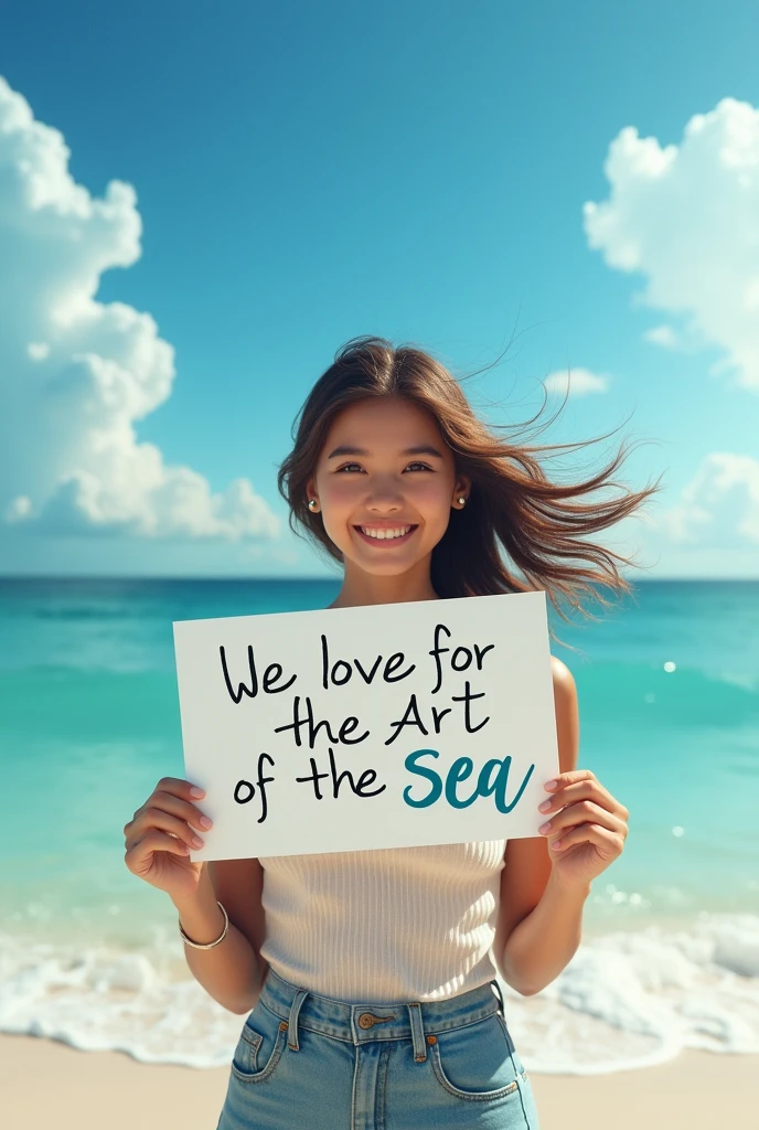 Hyperrealism，A girl holds up a sign that says I Love Seaart Infinity，Standing by the sea，Movie-quality images，Sunlight，Waves，Beach