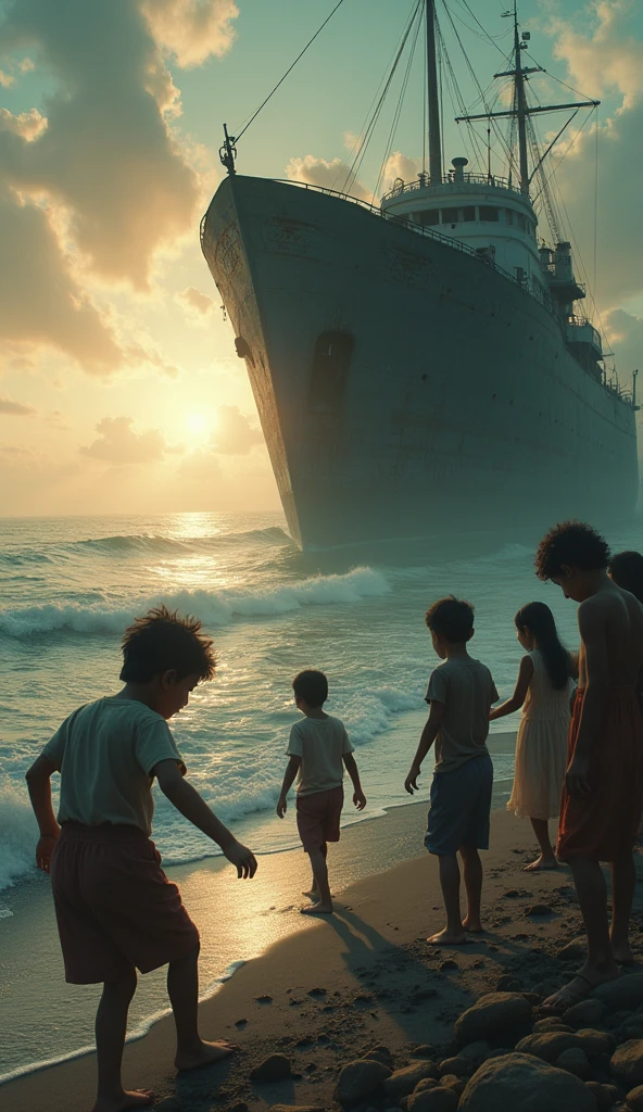 Menino pobre em frente ao mar, em um navio com sua familia