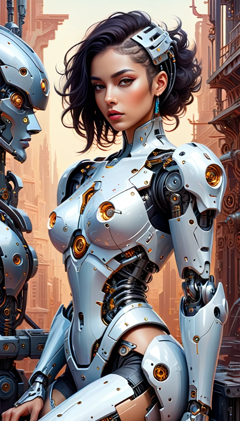 Intricate illustration in surrealist art style，mecha girl，latin women, Cyborg in Latin style