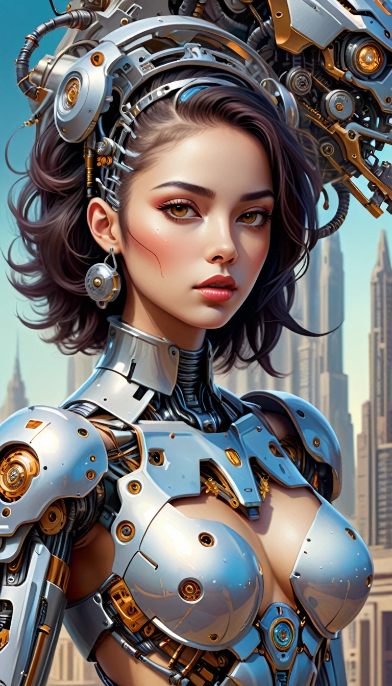 Intricate illustration in surrealist art style，mecha girl，latin women, Cyborg in Latin style