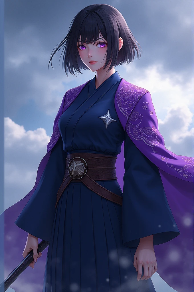 A kny character with short black hair, a navy blue uniform and that she is a woman and that she has a purple Haori with moons and that she appears on a sky background