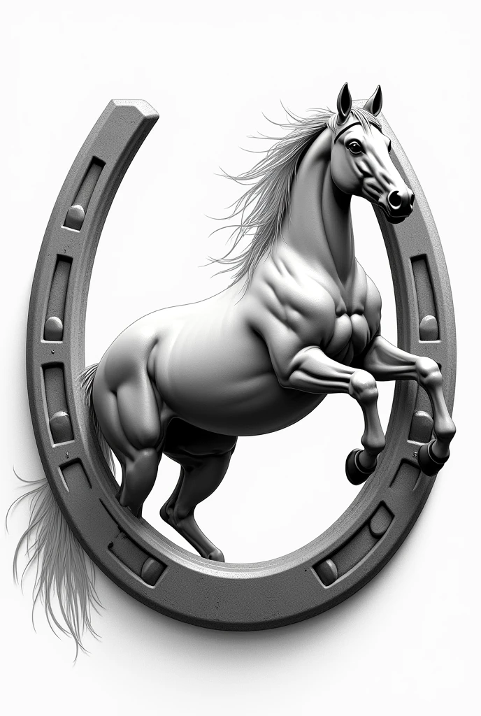 Create a drawing of a horse inside a horseshoe with a 3D effect