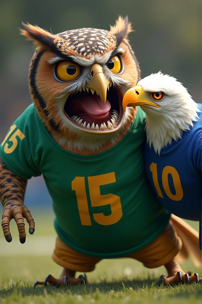 An angry owl in a green shirt with the number 15 crushing an eagle in a blue shirt with the number 10