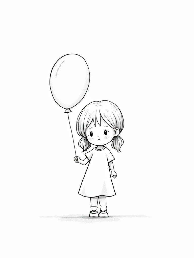 The illustration should be in [SUPER SIMPLE], black and white, cold line art with a clear, mostly empty background. [INCLUDES ONLY OUTLINES WITH NO FILLED IN BLACK AREAS], ensuring no shading, no complex images, and making it very easy to color in between the lines. A cute  with pigtails, wearing a simple dress and holding a balloon in one hand.