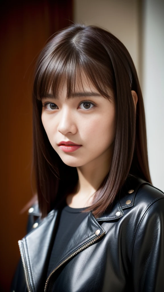 Long fringe hair、1girl in、Glossy leather riders jacket、Leather、tight skirts、(top-quality:1.4)、(超A high resolution:1.2)、(A detailed eye)、a room