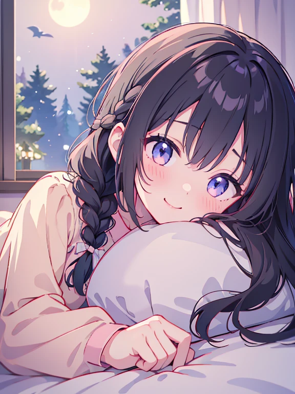 Highly detailed illustration、Detailed face and eye depiction、Eye highlights、（High resolution）、Girl with braided black hair、smile、blush、In pajamas、Lying in bed、Dimly lit room、Moonlight from the window、Co-sleeping style、Staring at the audience