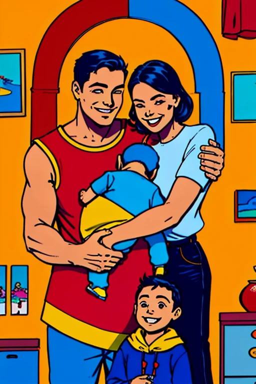 A family consisting of a father, mother and son, hugging and smiling, in a welcoming environment. The scene uses a vibrant color palette, with emphasis on red, azul e amarelo. The image is ideal for Instagram art, with a modern and cheerful style, capturing the essence of togetherness and family happiness of demolays