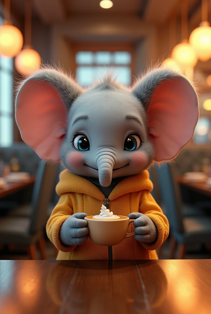 Hyperrealism,a elefant in a cute outfit at a restaurant, uhd