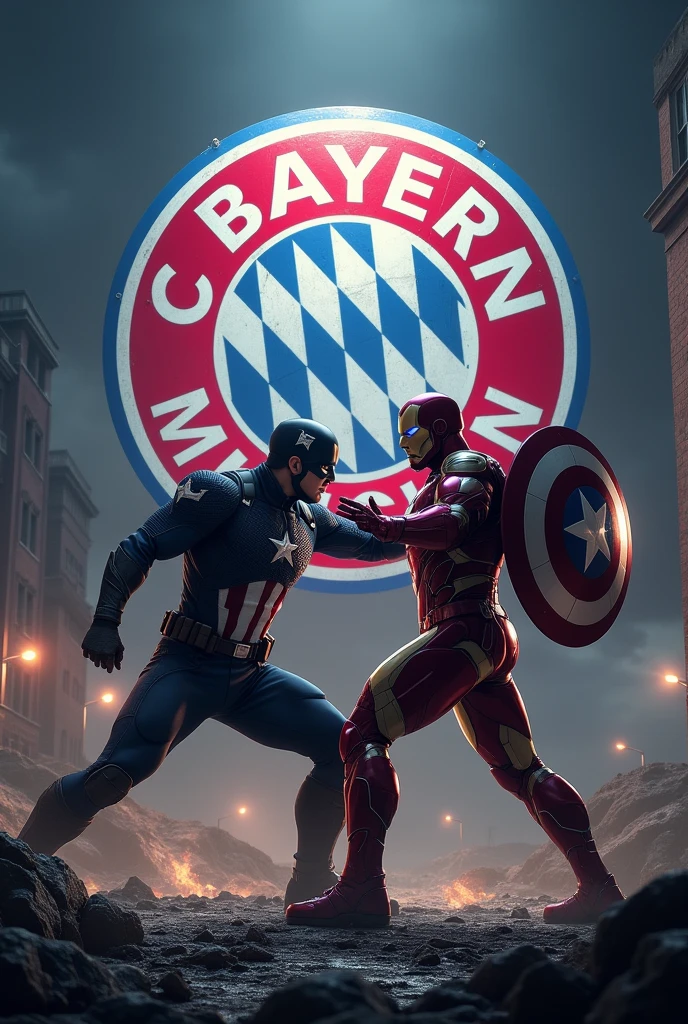  Iron man fighting Captain America on a very very dark night, in the center the Bayern Munich shield