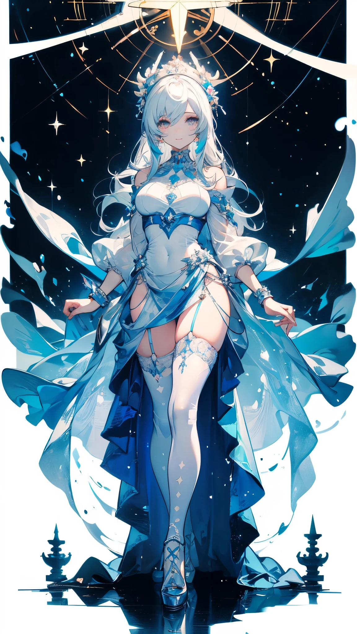 ((masterpiece， best quality))，goddess，Royal sister，Pure white background，Detailed face，Smile，whole body，Perfect body proportions，Glowing milky white eyes，sexly，Tattoo，extremely beautiful，transparent，High heel，Fishnet stockings，Star decoration,