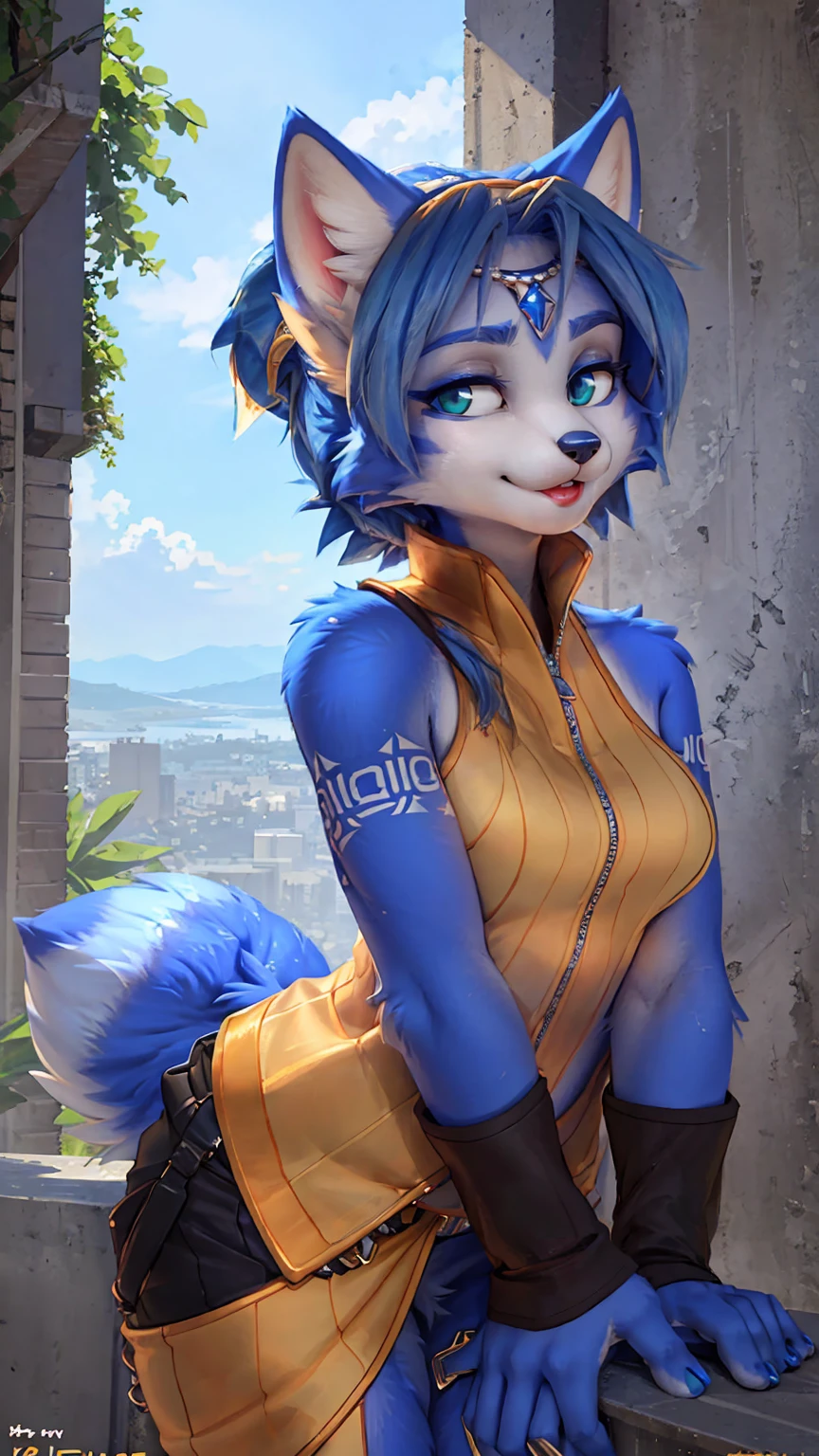 A beautiful and detailed (sweet portrait) wa ((krystal)), Star Fox krystal, sslim, lovable, green eyes, medium breasts, (((Long blue hair 1.3))), Decollete, anthro, furry, Uploaded E621, detailed fluffy fur, (wa Fluff-Kevlar, Bayard Wu, personalize me, Pino Daeni), detailed face, (fluffy), 1 girl, alone, sweet girl, ((Her whole body can be seen:1.3))