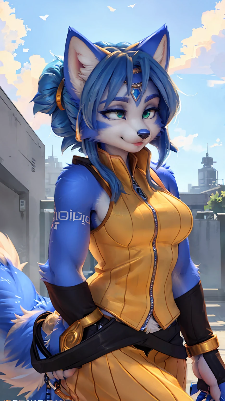 A beautiful and detailed (sweet portrait) wa ((krystal)), Star Fox krystal, sslim, lovable, green eyes, medium breasts, (((Long blue hair 1.3))), Decollete, anthro, furry, Uploaded E621, detailed fluffy fur, (wa Fluff-Kevlar, Bayard Wu, personalize me, Pino Daeni), detailed face, (fluffy), 1 girl, alone, sweet girl, ((Her whole body can be seen:1.3))