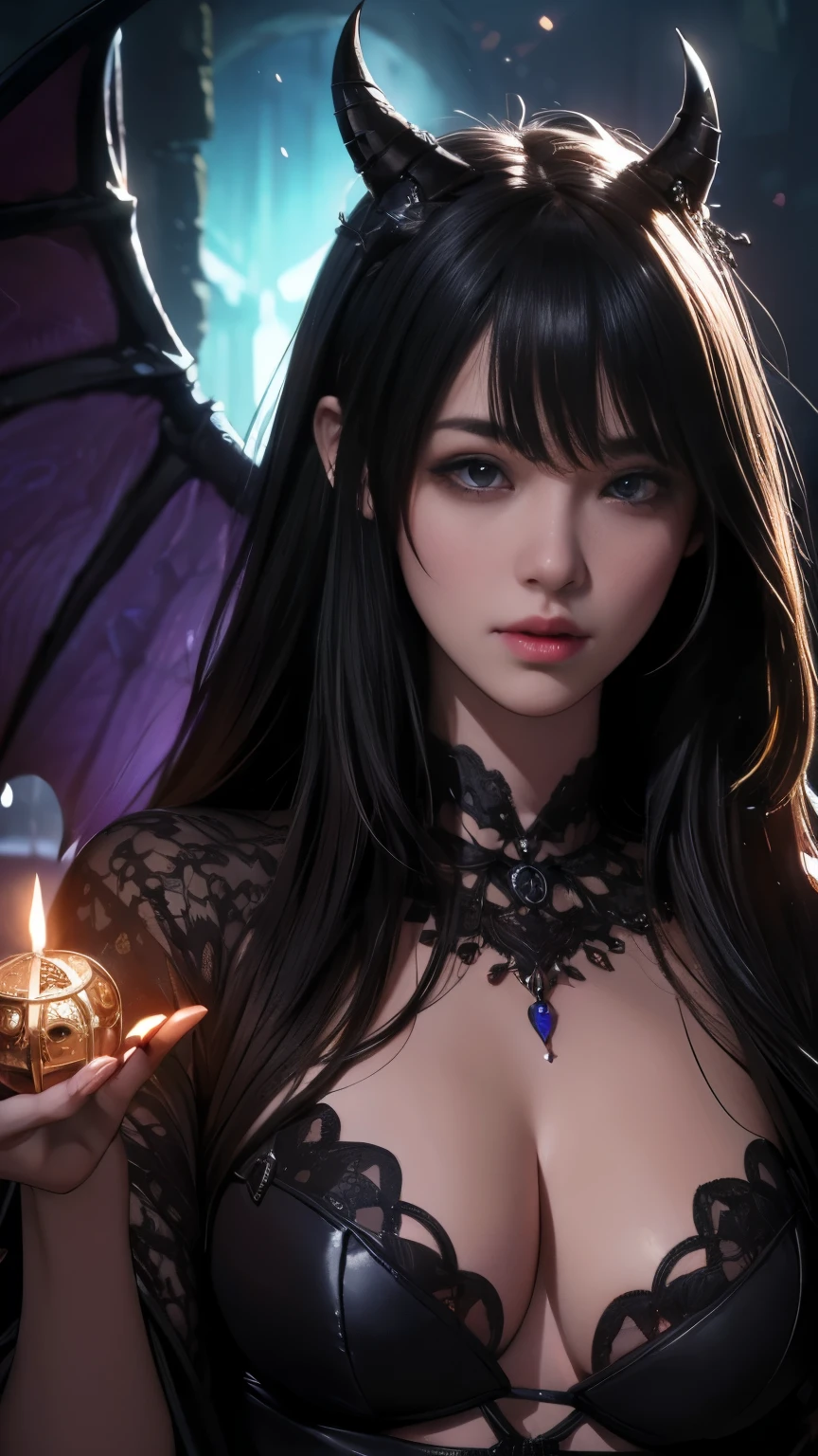 Are you okay、(Best illustrations)、8k resolution、Intricate details、最high quality、Realistic、Ultra-detailed、Best lighting、Best Shadow、Soft lighting、ultrahd、Dungeons and Dragon、Dungeons、Necromancer、night、magic、Dark Style、Succubus、Devil's Daughter、Bat Wings,(((Devil horns)))、((((Black-rimmed round glasses))))、(((Huge boobs)))、Devil's Tail、(Red eyes glow:1.6)、masterpiece、Beautiful Face、Tyndall effect、Photo Real、(High Definition Skins:1.2)、8 time、Digital SLR、high quality、picture、High resolution、 Absurd、Ponytail Distortion、The optimal ratio is four fingers to one thumb、最High resolution、1 girl、hair ornaments、necklace、gem、Beautiful expression、Body Up、big breasts attention、Tight waist、Wide ass、Tyndall effect、Photorealistic、(High Definition Skins:1.2)、